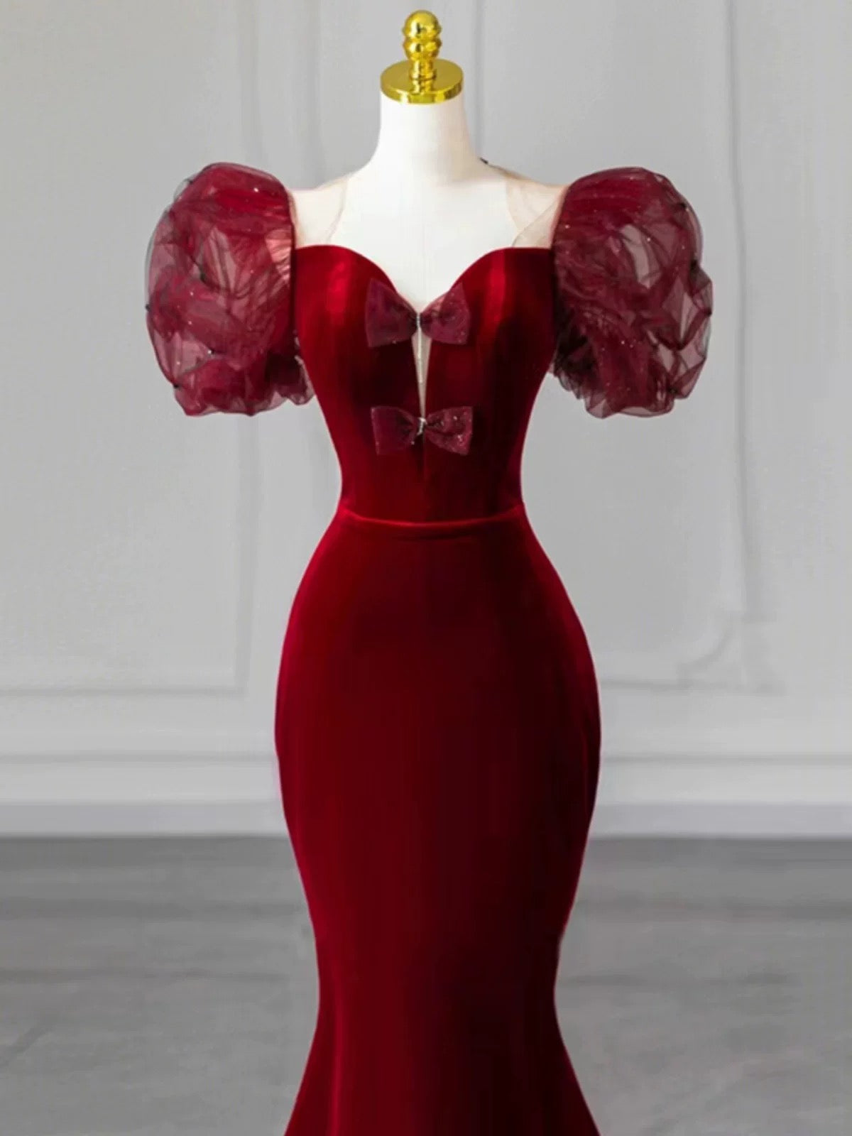 Elegant Mermaid Sweetheart Burgundy Short Sleeves Long Prom Dress Evening Dresses - View 5 | VelvetHem