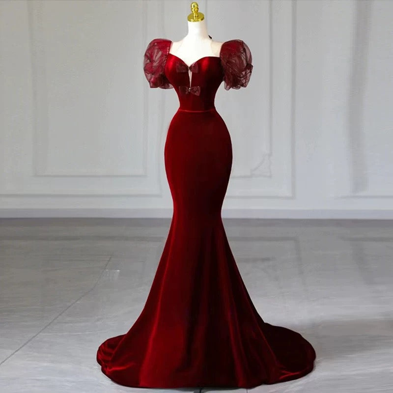 Elegant Mermaid Sweetheart Burgundy Short Sleeves Long Prom Dress Evening Dresses - View 2 | VelvetHem