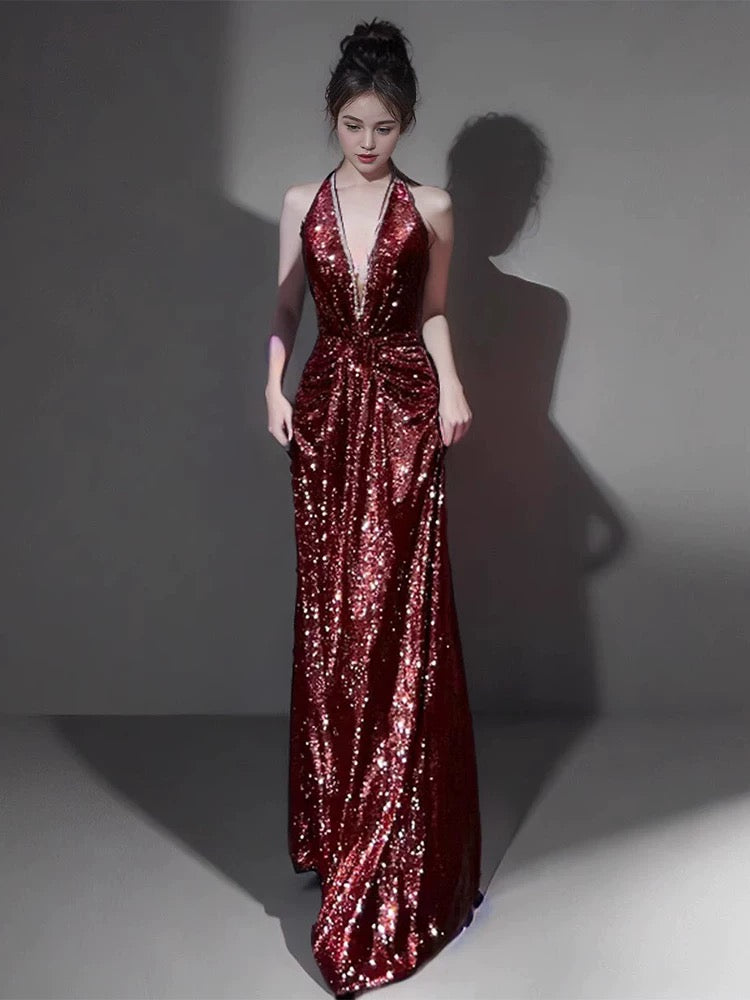 Sexy Mermaid V Neckline Burgundy Sequin Prom Dresses Evening Dress With Beads - View 4 | VelvetHem