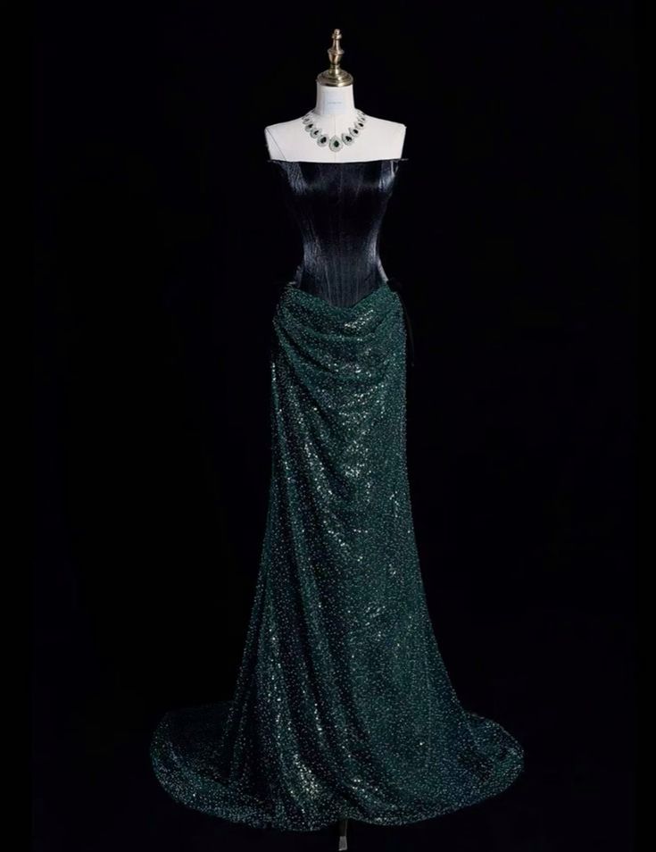 Vintage Mermaid Strapless Sequin Dark Green Long Evening Dress Prom Dresses With Ruched