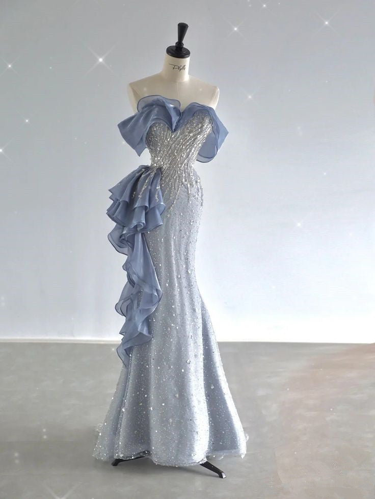 Pretty Mermaid Off The Shoulder Sequin Cap Sleeves Blue Evening Dress Long Prom Dresses With Ruffles