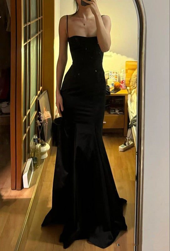 Elegant Mermaid Spaghetti Straps Black Satin Long Prom Dress Birthday Outfits