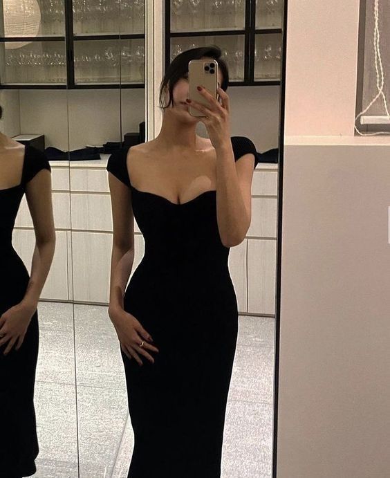 Simple Floor Length Black Prom Dresses Evening Dress With Cap Sleeves