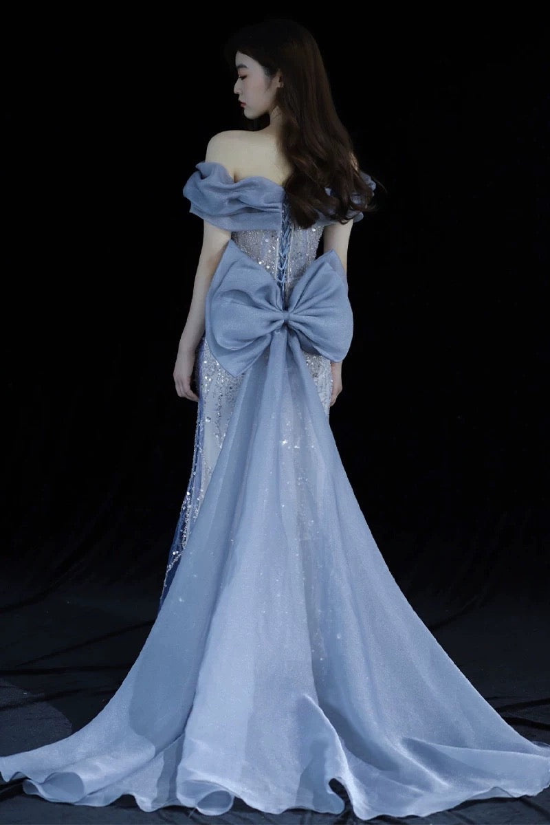 Elegant Mermaid Off The Shoulder Blue Short Sleeves Sequin Evening Dress Long Prom Dresses - View 5 | VelvetHem