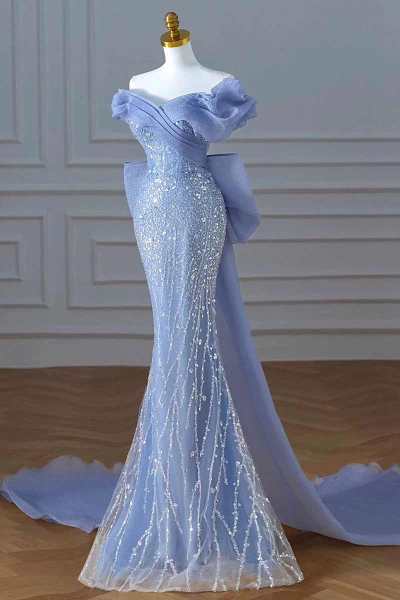 Elegant Mermaid Off The Shoulder Blue Short Sleeves Sequin Evening Dress Long Prom Dresses - View 2 | VelvetHem