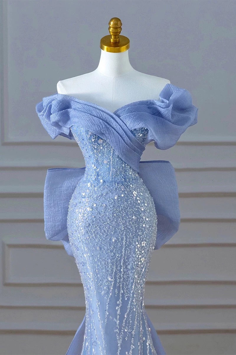 Elegant Mermaid Off The Shoulder Blue Short Sleeves Sequin Evening Dress Long Prom Dresses - View 4 | VelvetHem
