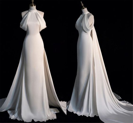 Elegant Mermaid High Neckline Satin Long White Wedding Dresses
