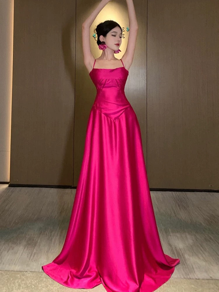 Gorgeous A line Spaghetti Straps Hot Pink Long Evening Dress Prom Dresses Birthday Outfits - View 2 | VelvetHem