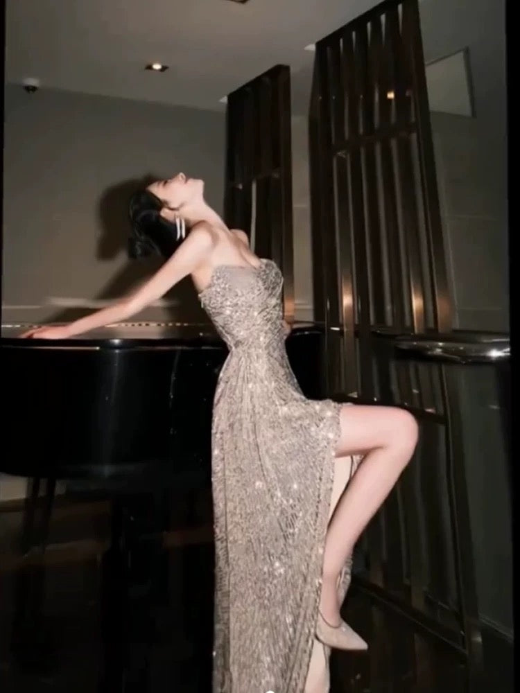 Sexy Sheath Strapless Champagne Sequin Evening Dress Prom Dresses Birthday Outfits - View 2 | VelvetHem