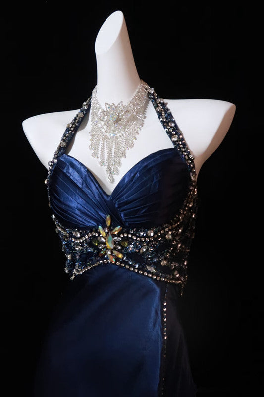 Pretty A Line Halter Sleeveless Slit Beads Long Prom Dress Evening Dresses