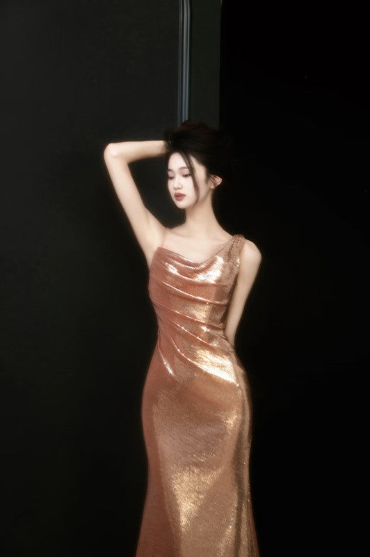 Sexy Sheath Straps Sequin Gold Prom Dresses Party Evening Dress With Ruffles - View 5 | VelvetHem