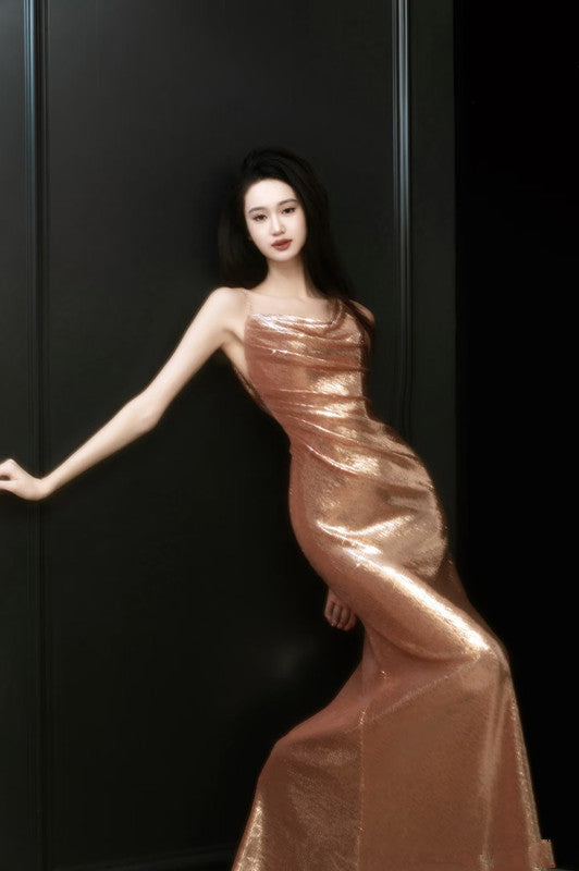 Sexy Sheath Straps Sequin Gold Prom Dresses Party Evening Dress With Ruffles - View 2 | VelvetHem