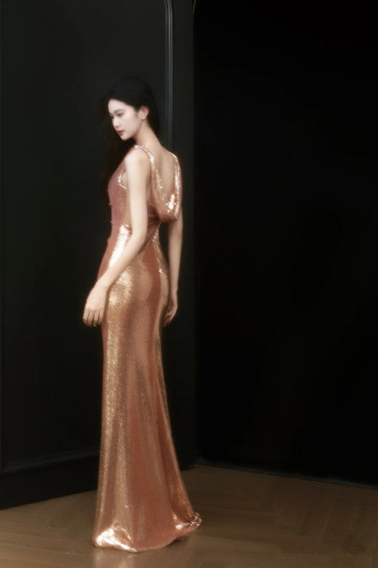 Sexy Sheath Straps Sequin Gold Prom Dresses Party Evening Dress With Ruffles - View 3 | VelvetHem
