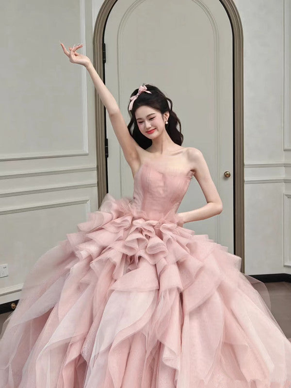 Vintage Ball Gown Strapless Pink Long Prom Dresses Tulle Layers Evening Dress - View 2 | VelvetHem