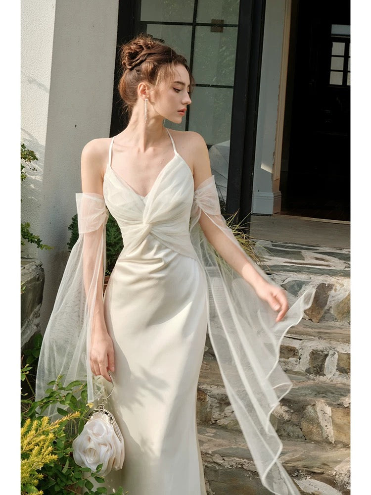 Pretty Mermaid Spaghetti Straps White Long Prom Dresses Party Evening Dress - View 2 | VelvetHem