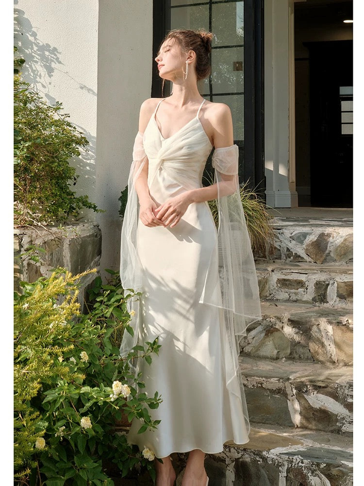 Pretty Mermaid Spaghetti Straps White Long Prom Dresses Party Evening Dress - View 4 | VelvetHem