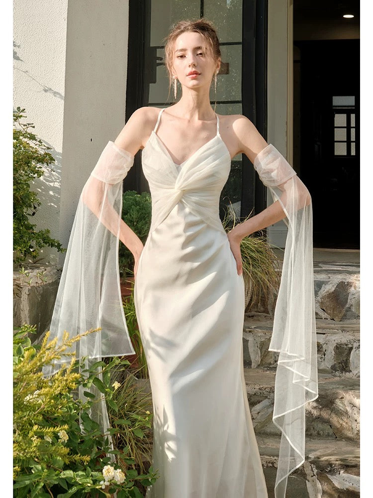 Pretty Mermaid Spaghetti Straps White Long Prom Dresses Party Evening Dress