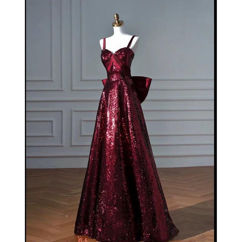 Pretty A line Spaghetti Straps Burgundy Sequin Long Prom Dresses Party Evening Dress - View 2 | VelvetHem