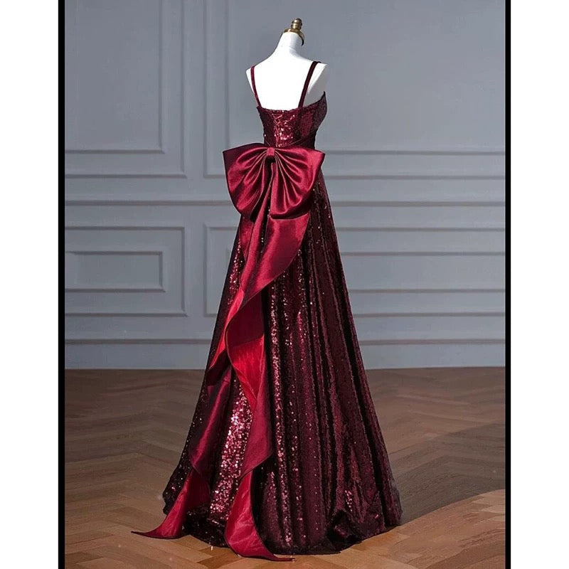Pretty A line Spaghetti Straps Burgundy Sequin Long Prom Dresses Party Evening Dress - View 4 | VelvetHem