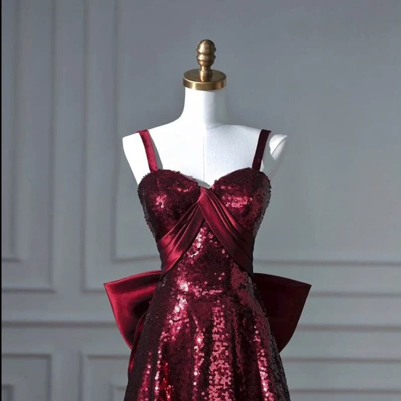 Pretty A line Spaghetti Straps Burgundy Sequin Long Prom Dresses Party Evening Dress - View 3 | VelvetHem