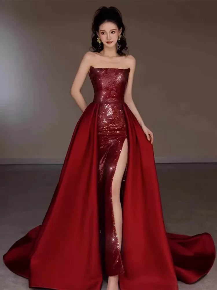 Modest Mermaid Strapless Burgundy Floor Length Evening Dress Sequin Prom Dresses