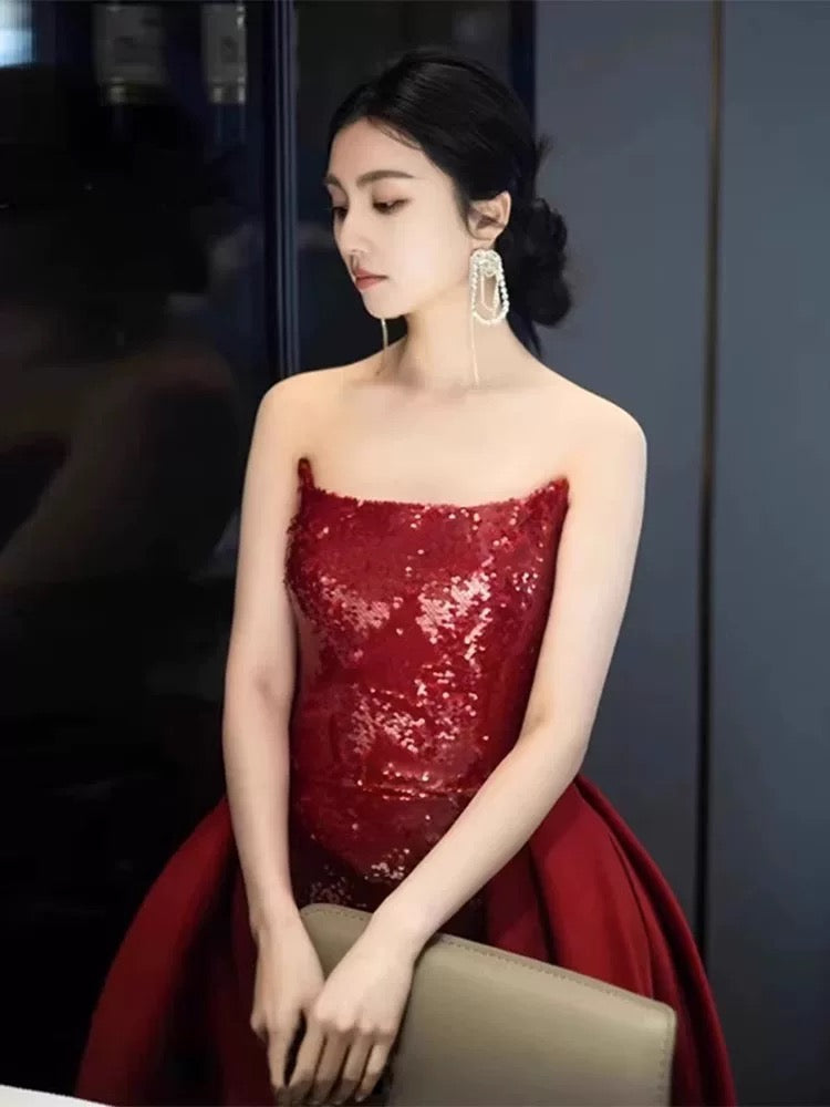 Sexy Mermaid Red Sleeveless Long Sequin Slit Prom Dress Evening Dresses - View 4 | VelvetHem