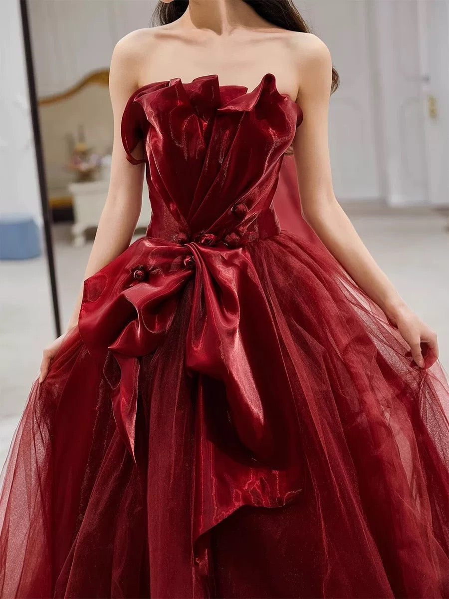 Sexy Ball Gown Strapless Burgundy Tulle Long Evening Gowns Prom Dresses - View 4 | VelvetHem