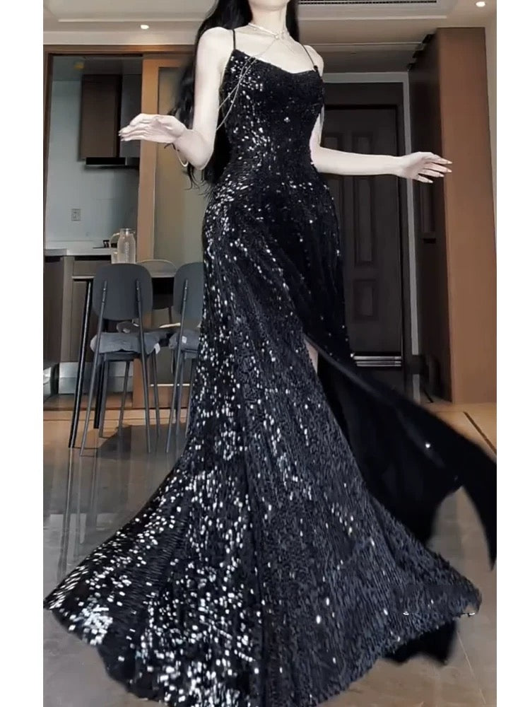Pretty Sheath Spaghetti Straps Sequin Black Slit Long Prom Dresses Party Evening Dress