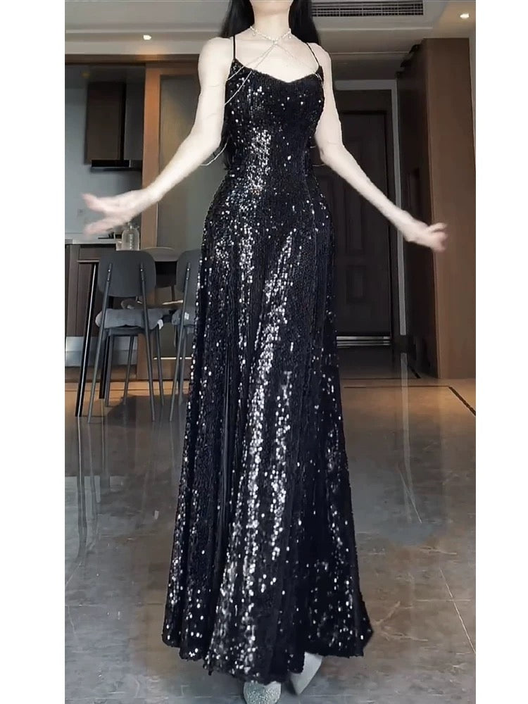 Sexy Mermaid Spaghetti Straps Sequin Black Long Prom Dresses