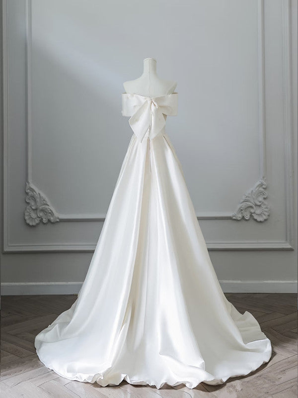 Simple A Line Off The Shoulder White Satin Bridal Dress Wedding dress With Ruffles