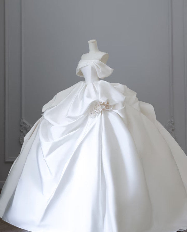 Unique Ball Gown Strapless Off The Shoulder Satin Long Wedding Dresses Brides Dress