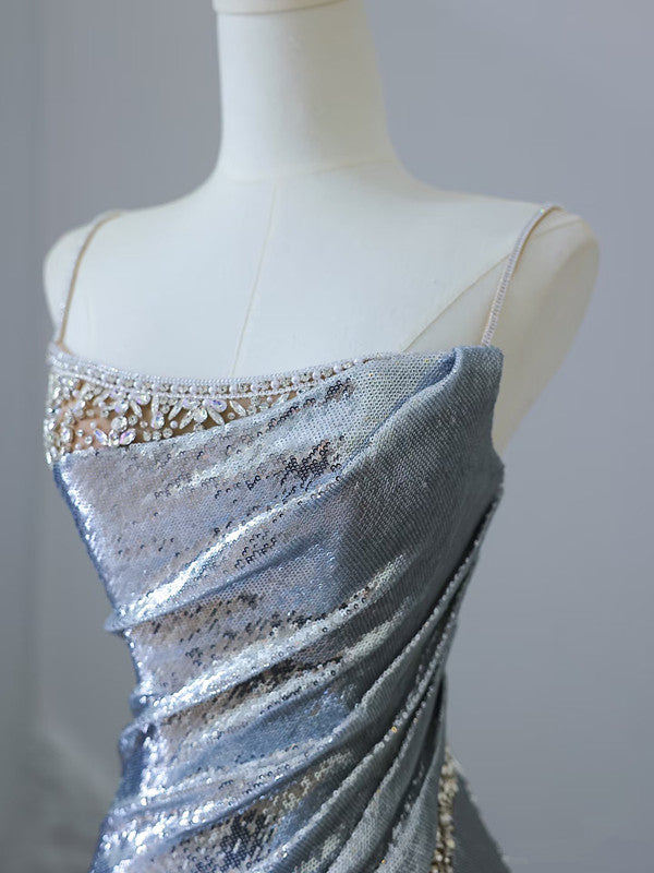 Pretty Mermaid Spaghetti Straps Sequin Blue Long Prom Dresses Party Evening Dress