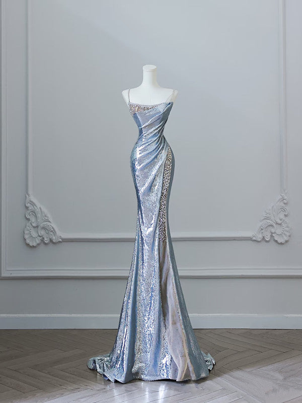 Pretty Mermaid Spaghetti Straps Sequin Blue Long Prom Dresses Party Evening Dress