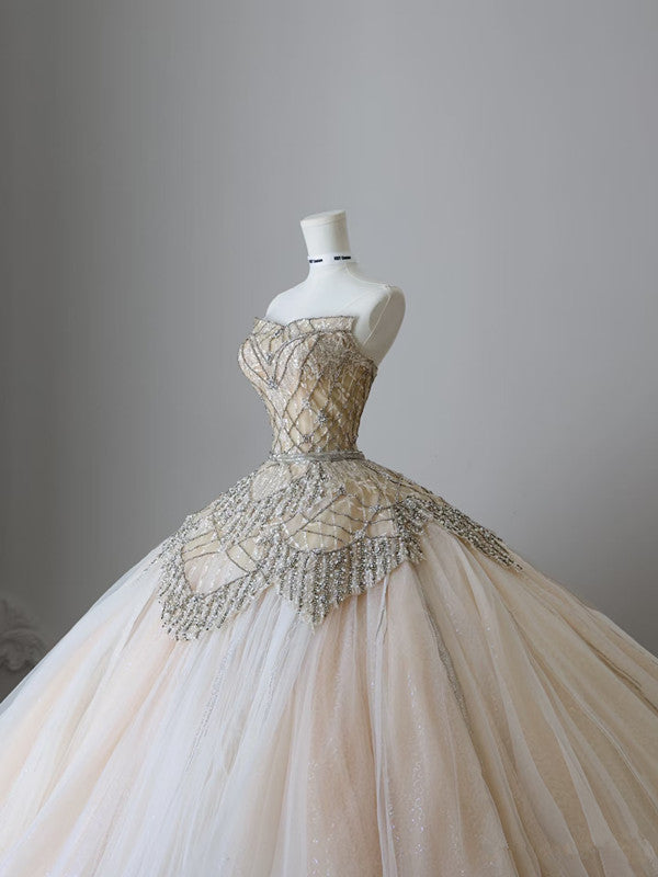 Unique Ball Gown Strapless Tulle Champagne Long Wedding Dresses Brides Dress - View 5 | VelvetHem