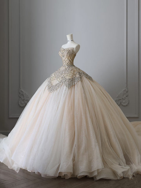 Unique Ball Gown Strapless Tulle Champagne Long Wedding Dresses Brides Dress - View 2 | VelvetHem