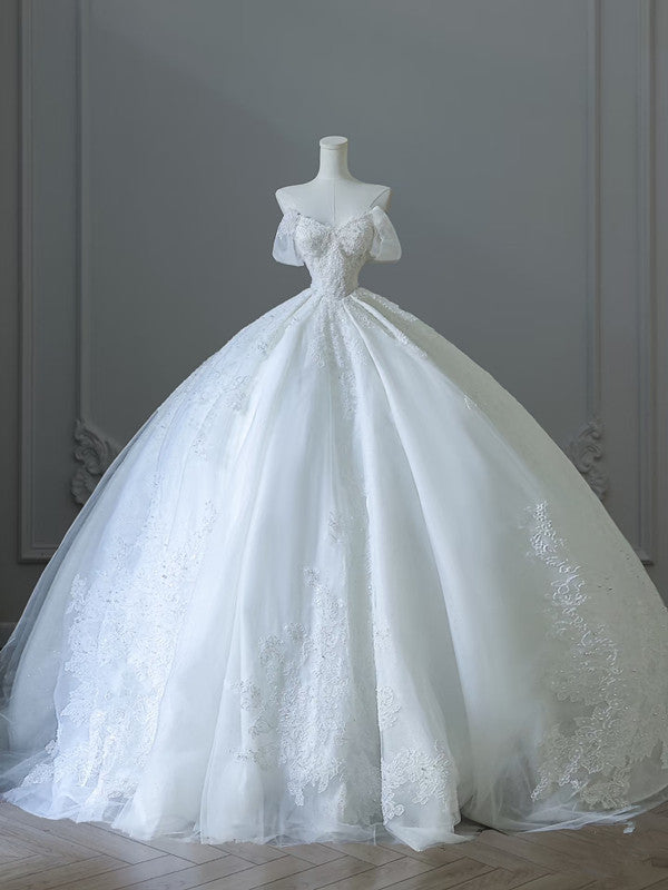 Unique Ball Gown Strapless Tulle White Long Off The Shoulder Wedding Dresses Brides Dress