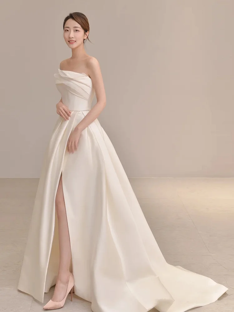 Summer Simple A Line Strapless Ivory Satin Slit Long Wedding Dresses