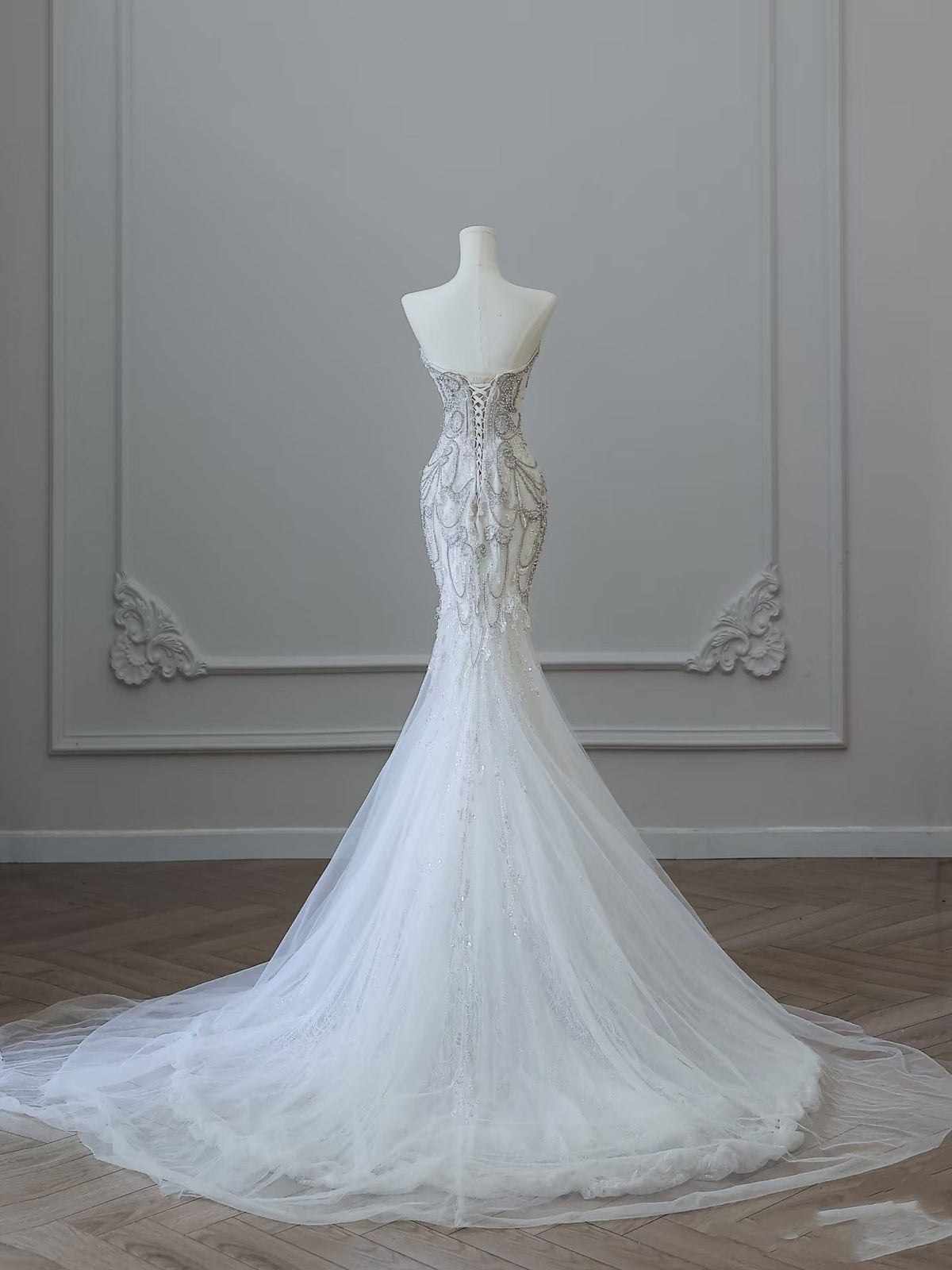 Princess Mermaid Sweetheart White Tulle Long Wedding Dresses Brides Dress - View 3 | VelvetHem