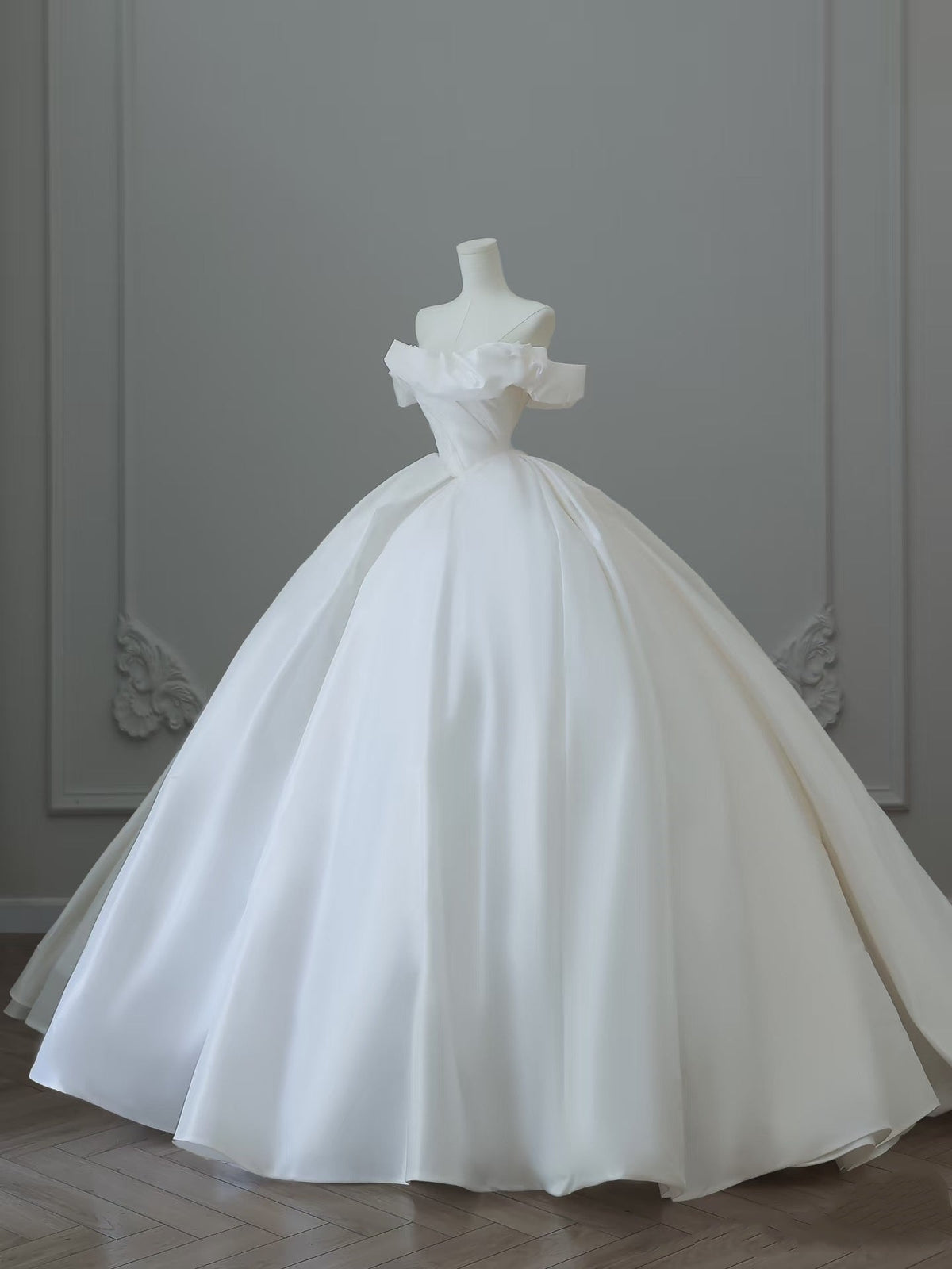 Unique Ball Gown Off The Shoulder Satin White Long Wedding Dresses Brides Dress - View 2 | VelvetHem