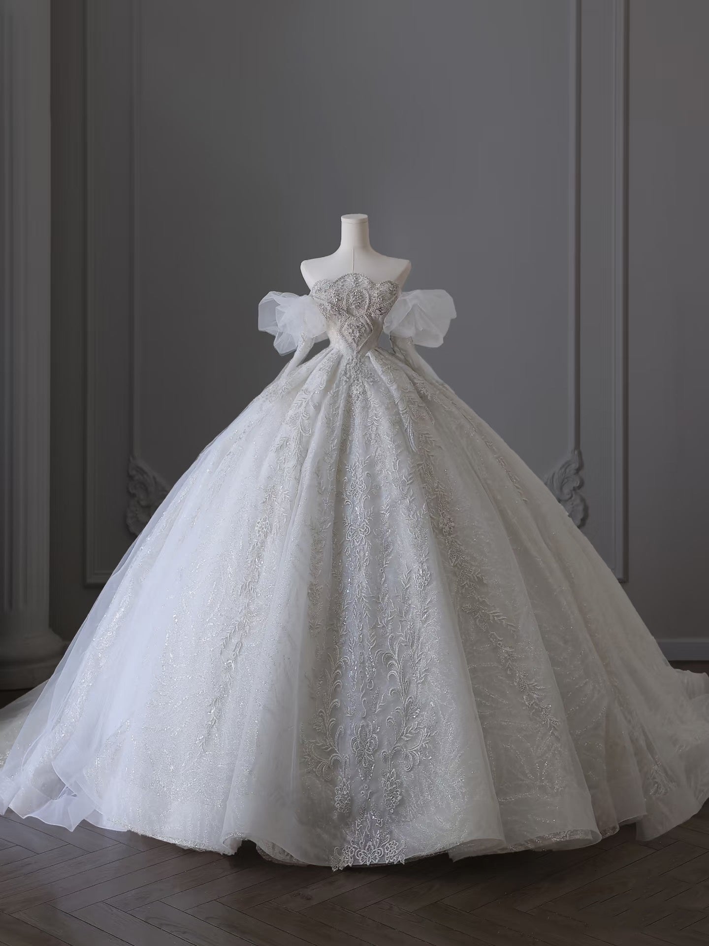 Unique Ball Gown Off The Shoulder Lace Long Sleeves Wedding Dresses Brides Dress