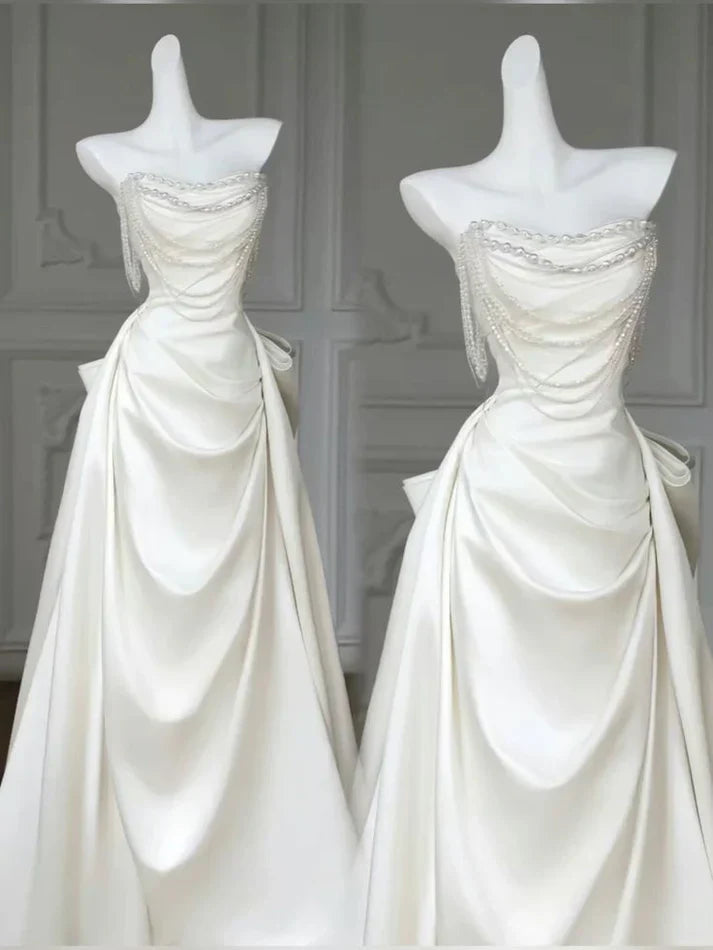 Elegant A Line Strapless Satin Beaded Pleated Long Wedding Dresses