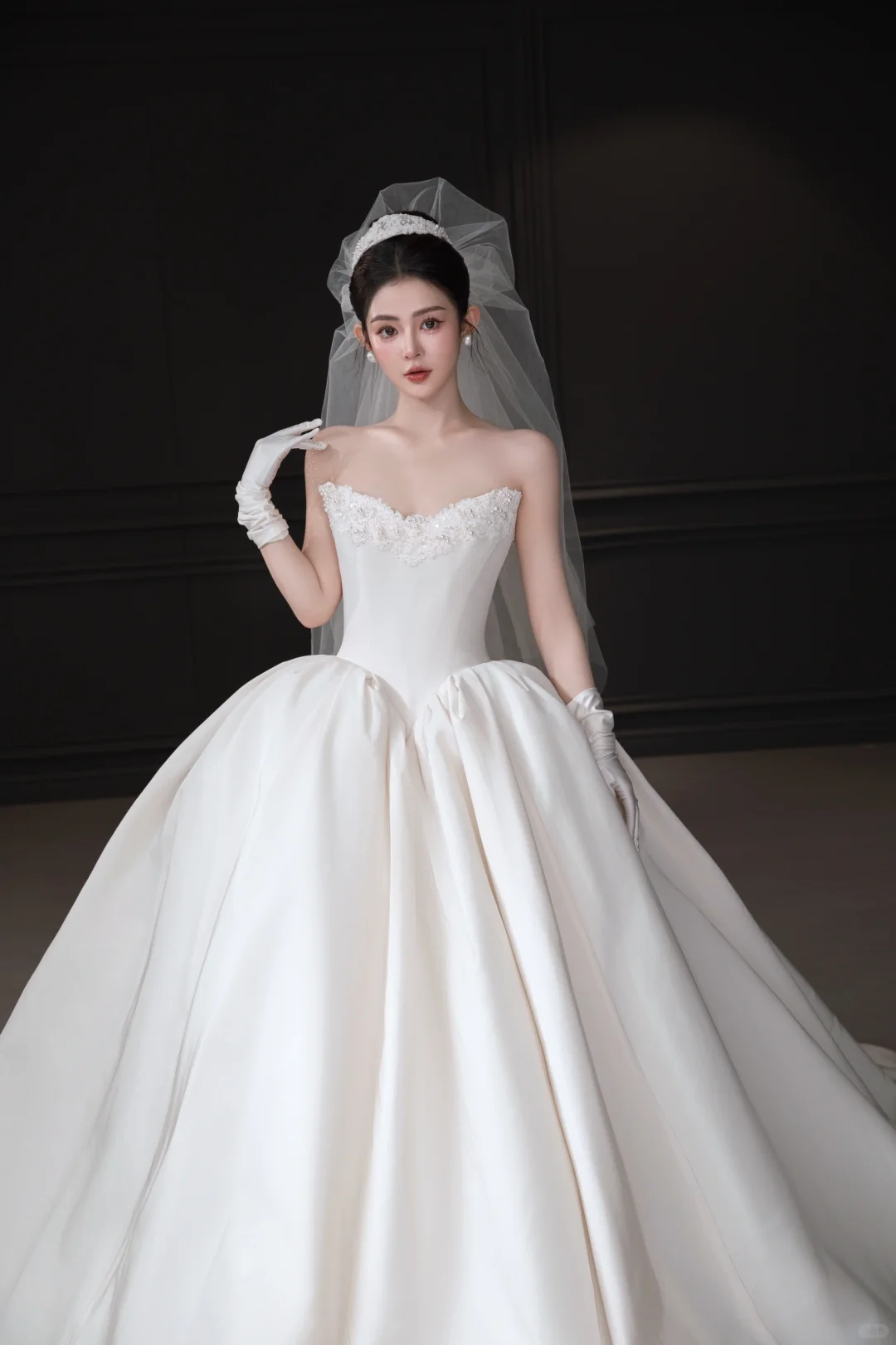 Simple Elegant Ball Gown Strapless Satin Applique With Veil Gloves Long Wedding Dresses - View 2 | VelvetHem