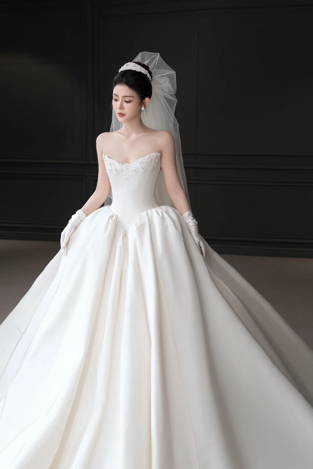 Simple Elegant Ball Gown Strapless Satin Applique With Veil Gloves Long Wedding Dresses - View 3 | VelvetHem