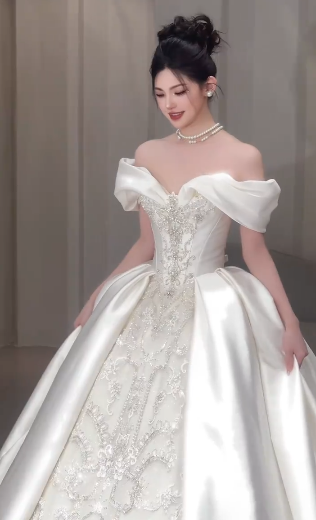 Stunning Ball Gown Off The Shoulder Satin Lace Beaded Long Wedding Dresses - View 4 | VelvetHem