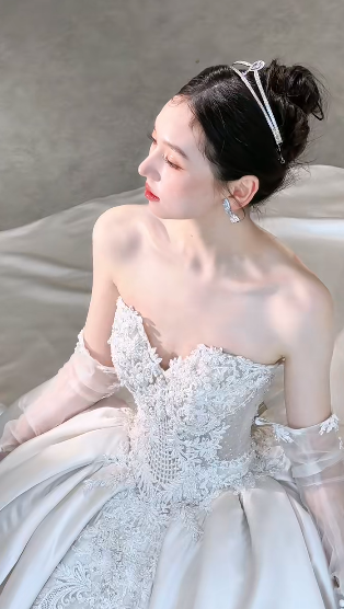 Timeless Ball Gown Starpless Satin Tulle Applique With Veil Long Wedding Dresses - View 4 | VelvetHem