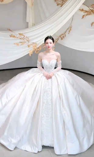 Timeless Ball Gown Starpless Satin Tulle Applique With Veil Long Wedding Dresses - View 3 | VelvetHem