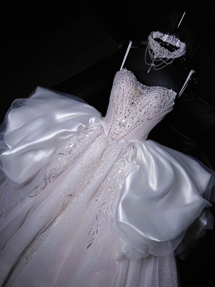 Dreamy Ball Gown Spaghetti Straps Satin Tulle Sequin Long Wedding Dresses - View 2 | VelvetHem