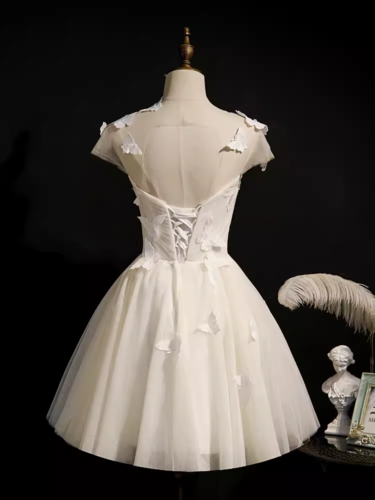 Cute Ball Gown Scoop Neckline White Tulle Party Dress Lace Homecoming Dresses - View 2 | VelvetHem