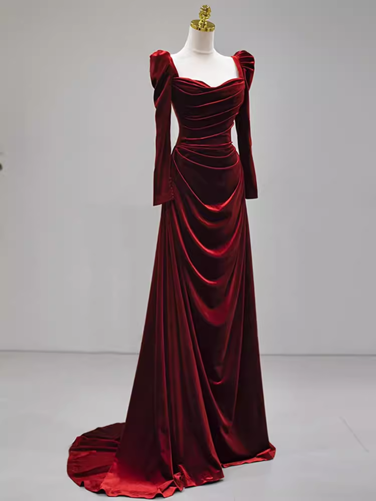 Sexy Mermaid Long Sleeves Burgundy Velvet Prom Dresses C42 - View 2 | VelvetHem