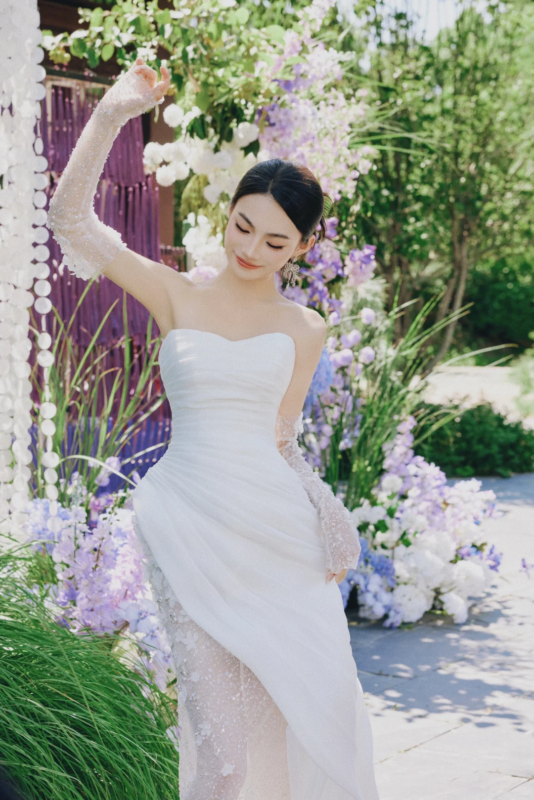 Unique Mermaid Strapless Satin Tulle Applqiue With Sleeves Long Wedding Dresses - View 2 | VelvetHem